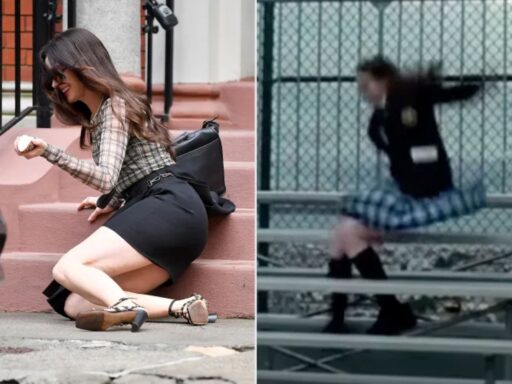 Anne hathaway falls on devil wears prada 2 set, jokes about princess diaries fall