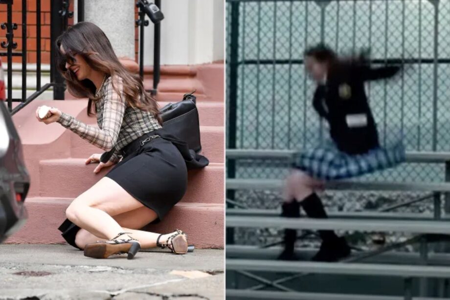 Anne hathaway falls on devil wears prada 2 set, jokes about princess diaries fall